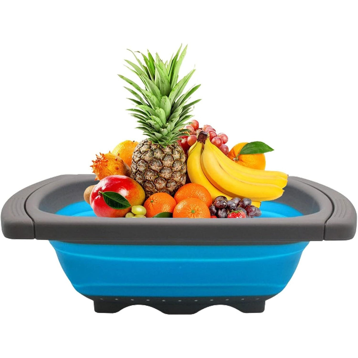 Cos de Scurgere Retractabil pentru Chiuveta, Filtru pentru Fructe si Legume, Design Extensibil 39-61 cm, Plastic Rezistent cu Manere, Albastru