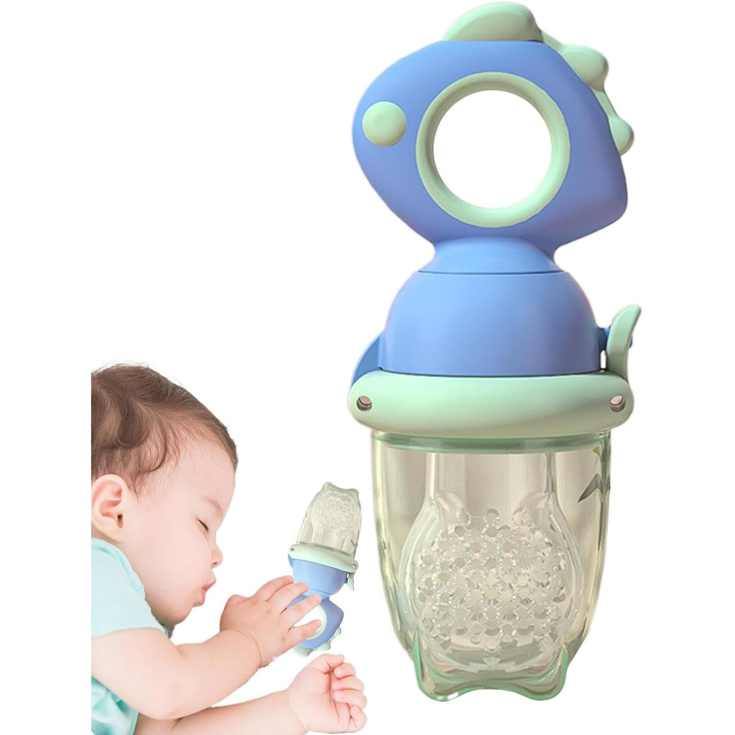 Suzeta pentru Fructe si Legume, Dispozitiv de Hranire cu Maner Ergonomic si Capac Protectie, Silicon Alimentar Fara BPA, Tetina 2 mm, 4 Luni+, Albastru