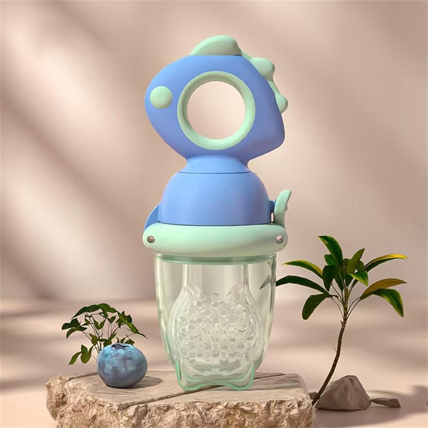 Suzeta pentru Fructe si Legume, Dispozitiv de Hranire cu Maner Ergonomic si Capac Protectie, Silicon Alimentar Fara BPA, Tetina 2 mm, 4 Luni+, Albastru