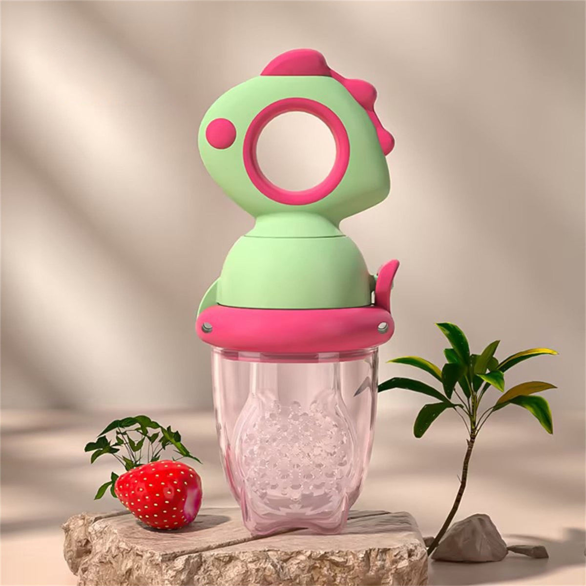 Suzeta Pentru Fructe Si Legume, Dispozitiv Hranire Bebelusi Cu Maner Ergonomic, Silicon Alimentar Fara BPA, 4 Luni+, Gauri Tetina 2 mm, 12.4 x 5.1 cm, Verde/Fucsia