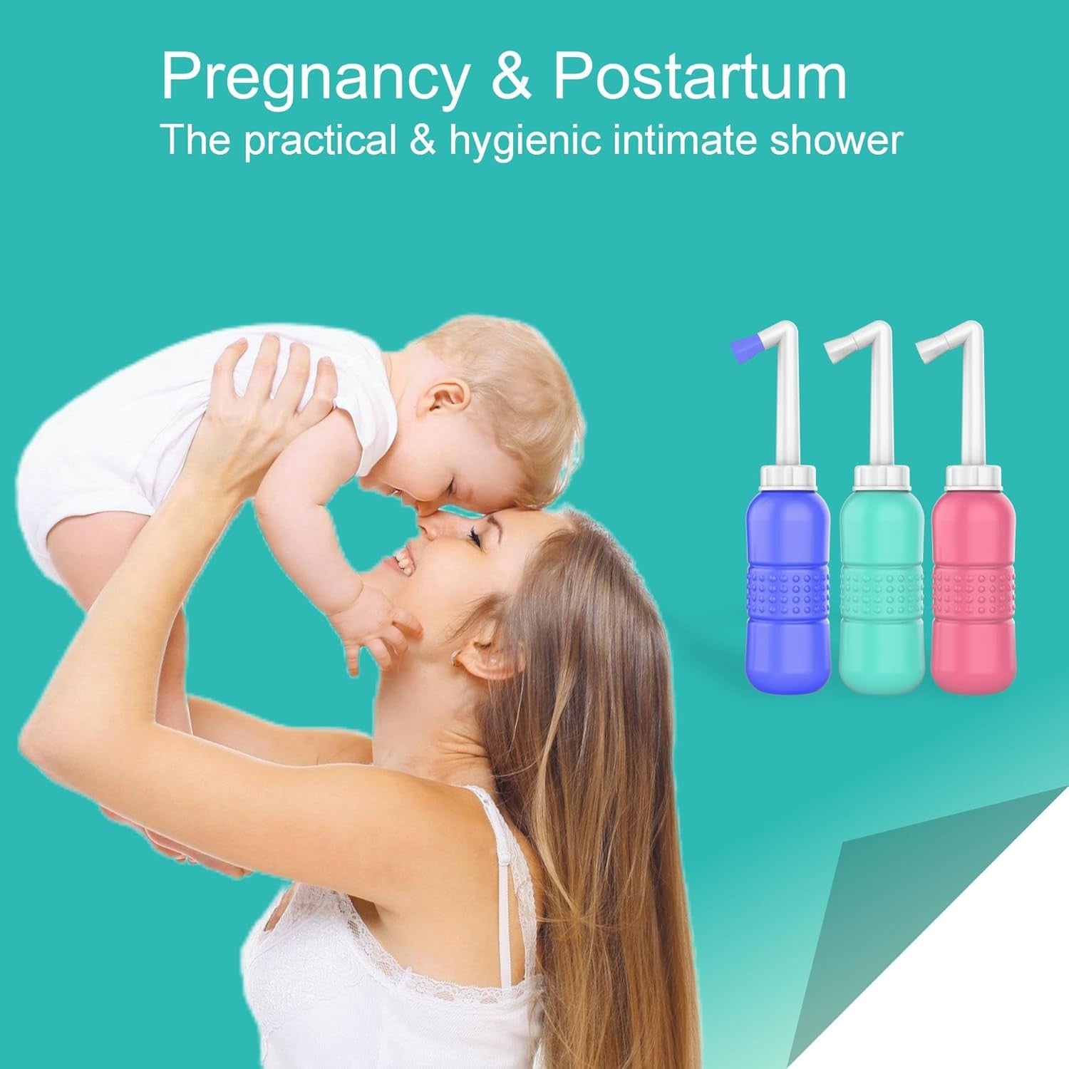 Bideu Portabil pentru Igiena Intima Postpartum si Postoperator, Irigator Ergonomic cu Capac si Husa Transport, Plastic Rezistent, 450 ml, Roz/Galben, 29.5x7 cm