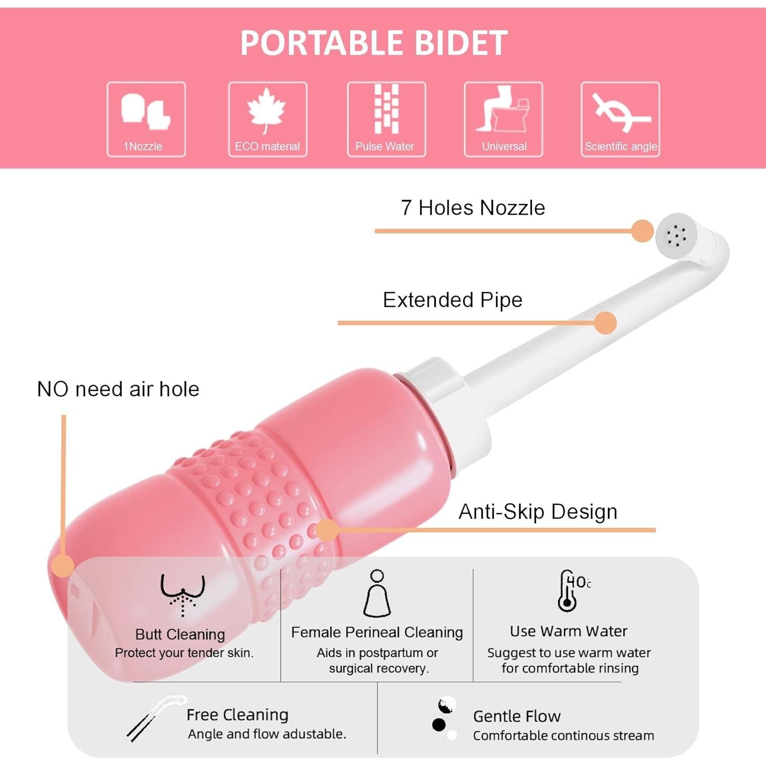 Bideu Portabil pentru Igiena Intima Postpartum si Postoperator, Irigator Ergonomic cu Capac si Husa Transport, Plastic Rezistent, 450 ml, Roz/Galben, 29.5x7 cm