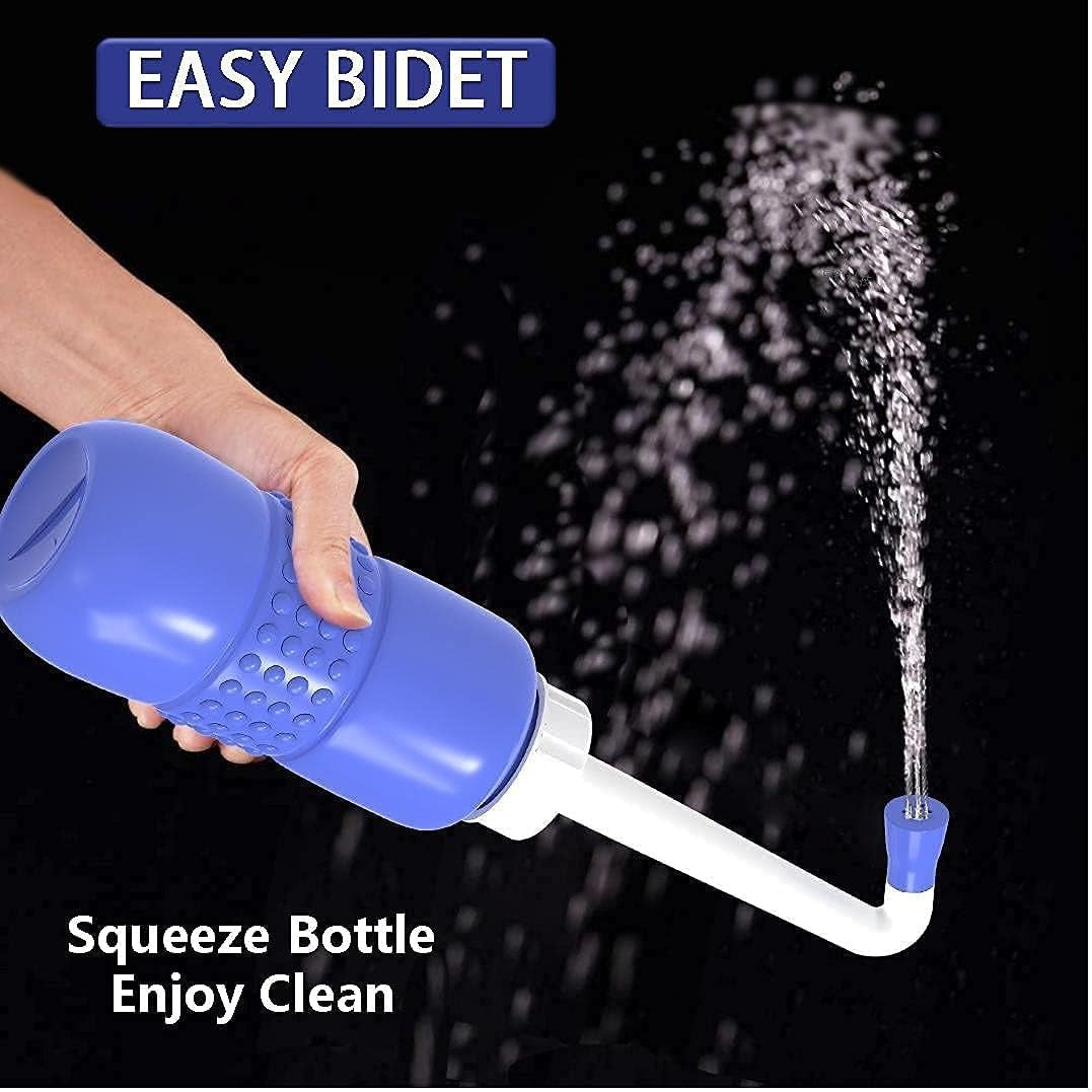 Bideu Portabil pentru Igiena Intima, Recuperare Postpartum si Postoperator, Plastic Ergonomic cu Capac, 450 ml, Mov cu Husa Galbena, 29.5x7 cm