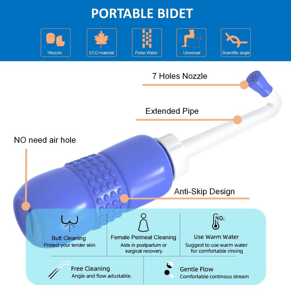 Bideu Portabil pentru Igiena Intima, Recuperare Postpartum si Postoperator, Plastic Ergonomic cu Capac, 450 ml, Mov cu Husa Galbena, 29.5x7 cm