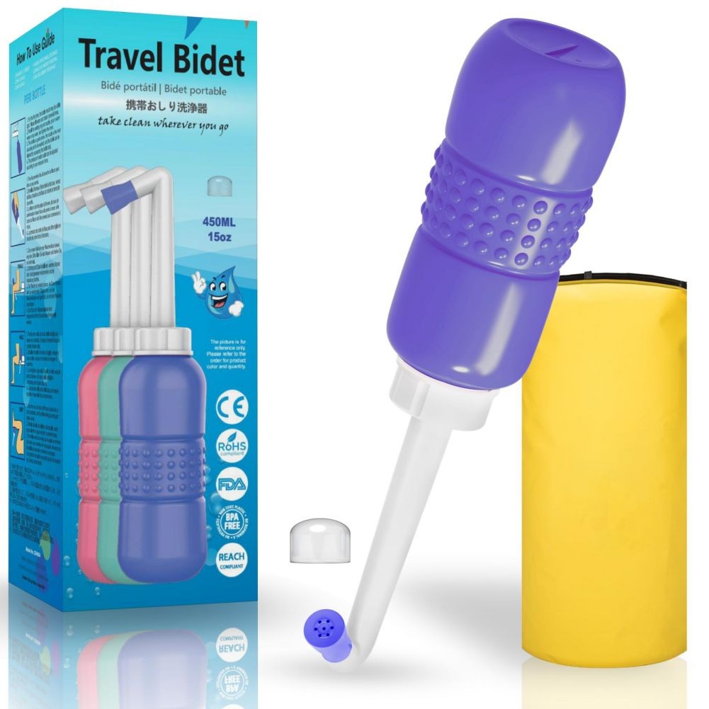 Bideu Portabil pentru Igiena Intima, Recuperare Postpartum si Postoperator, Plastic Ergonomic cu Capac, 450 ml, Mov cu Husa Galbena, 29.5x7 cm