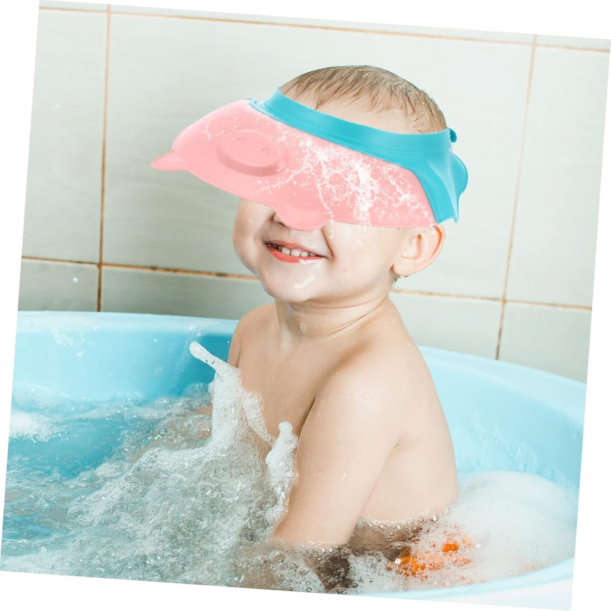 Viziera Protectie Baie Copii si Bebelusi, Protectie Ochi si Urechi Impotriva Samponului, Banda Ajustabila, Model Coroana, Material TPE si PP, 23x23 cm, Roz