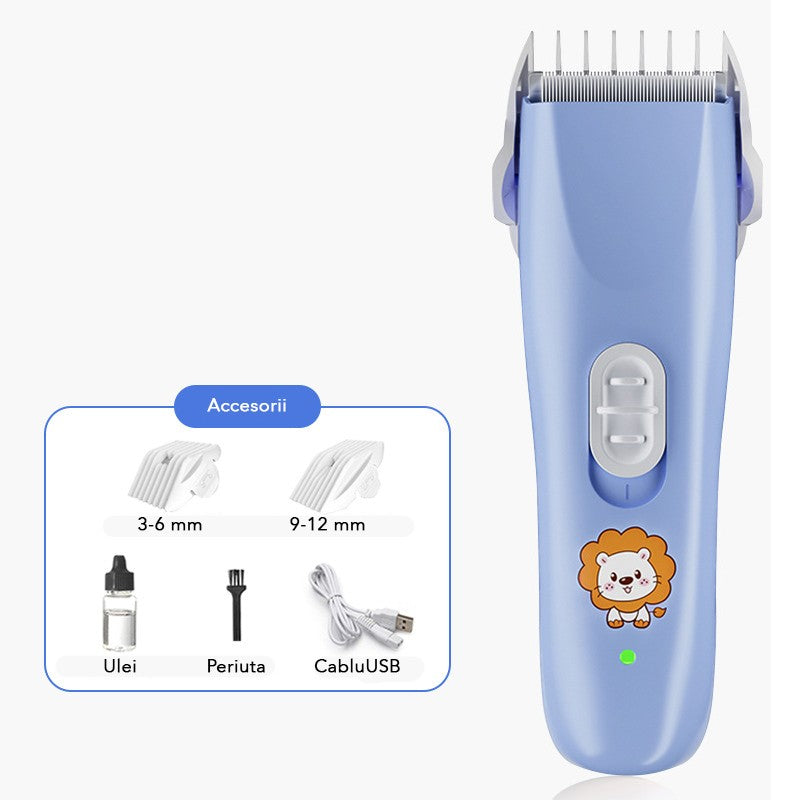 Masina de Tuns Bebelusi si Copii, Lame Ceramice si Inox, Ultra-Silentioasa, Protectie Anti-Taiere, Rezistenta la Apa, Incarcare USB, 50 W, 2 Accesorii, Model Leu, Albastru