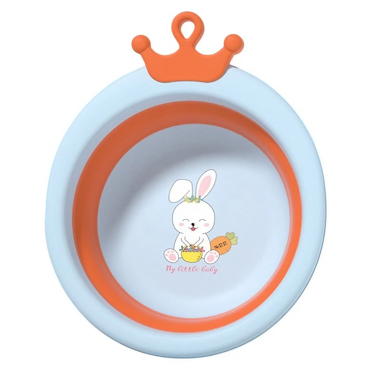Cadita Pliabila pentru Bebelusi si Copii, Model Rotund cu Iepuras, Portabila, Material Plastic si Silicon, 3.3 L, Albastru, 30x31x3.5 cm