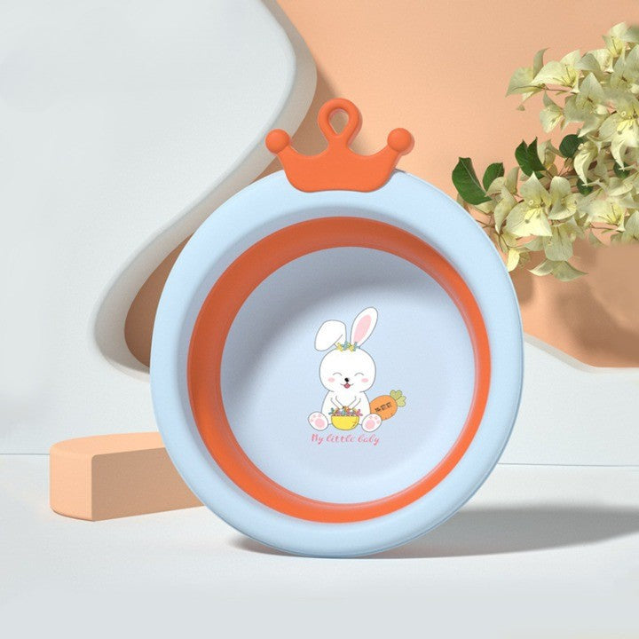 Cadita Pliabila pentru Bebelusi si Copii, Model Rotund cu Iepuras, Portabila, Material Plastic si Silicon, 3.3 L, Albastru, 30x31x3.5 cm