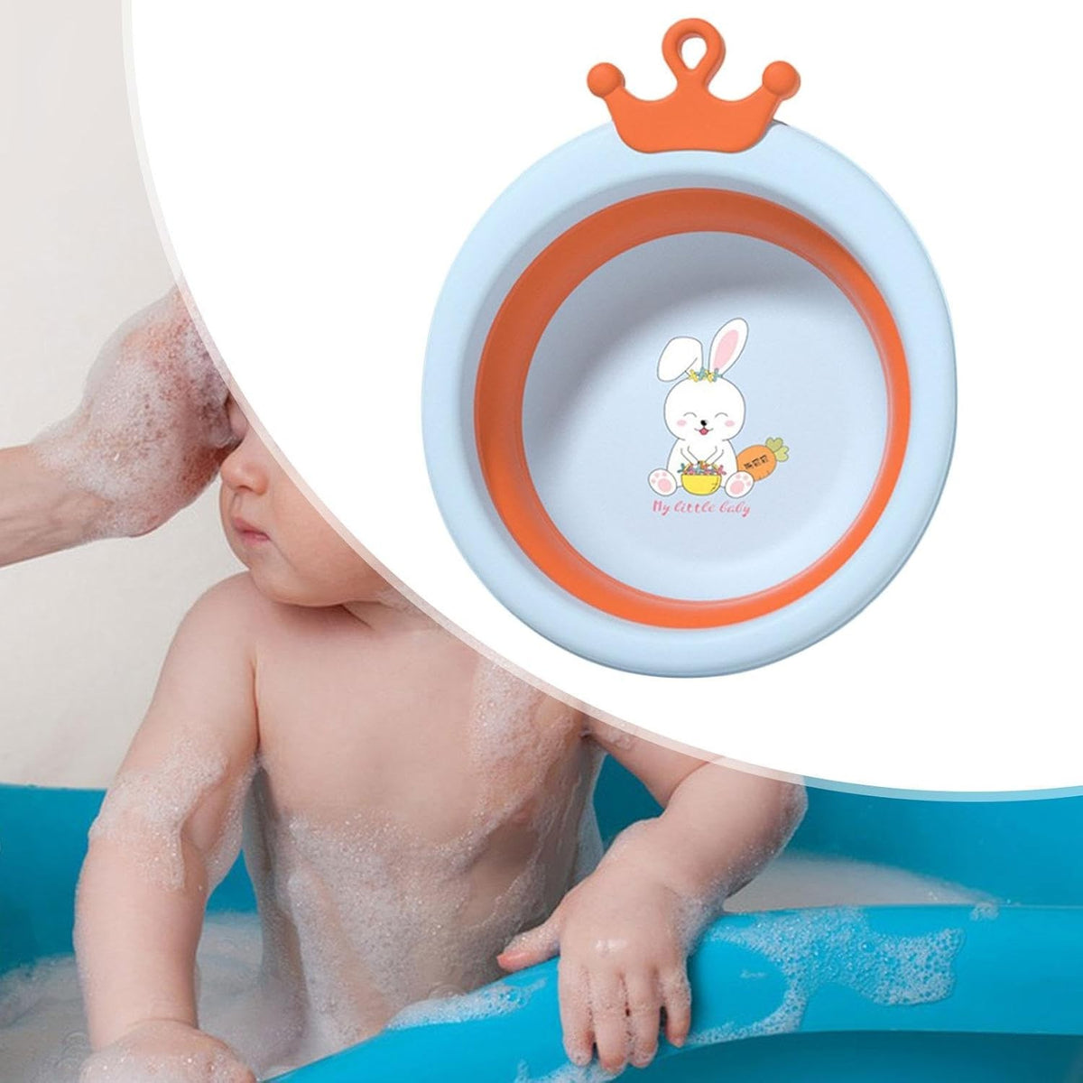 Cadita Pliabila pentru Bebelusi si Copii, Model Rotund cu Iepuras, Portabila, Material Plastic si Silicon, 3.3 L, Albastru, 30x31x3.5 cm