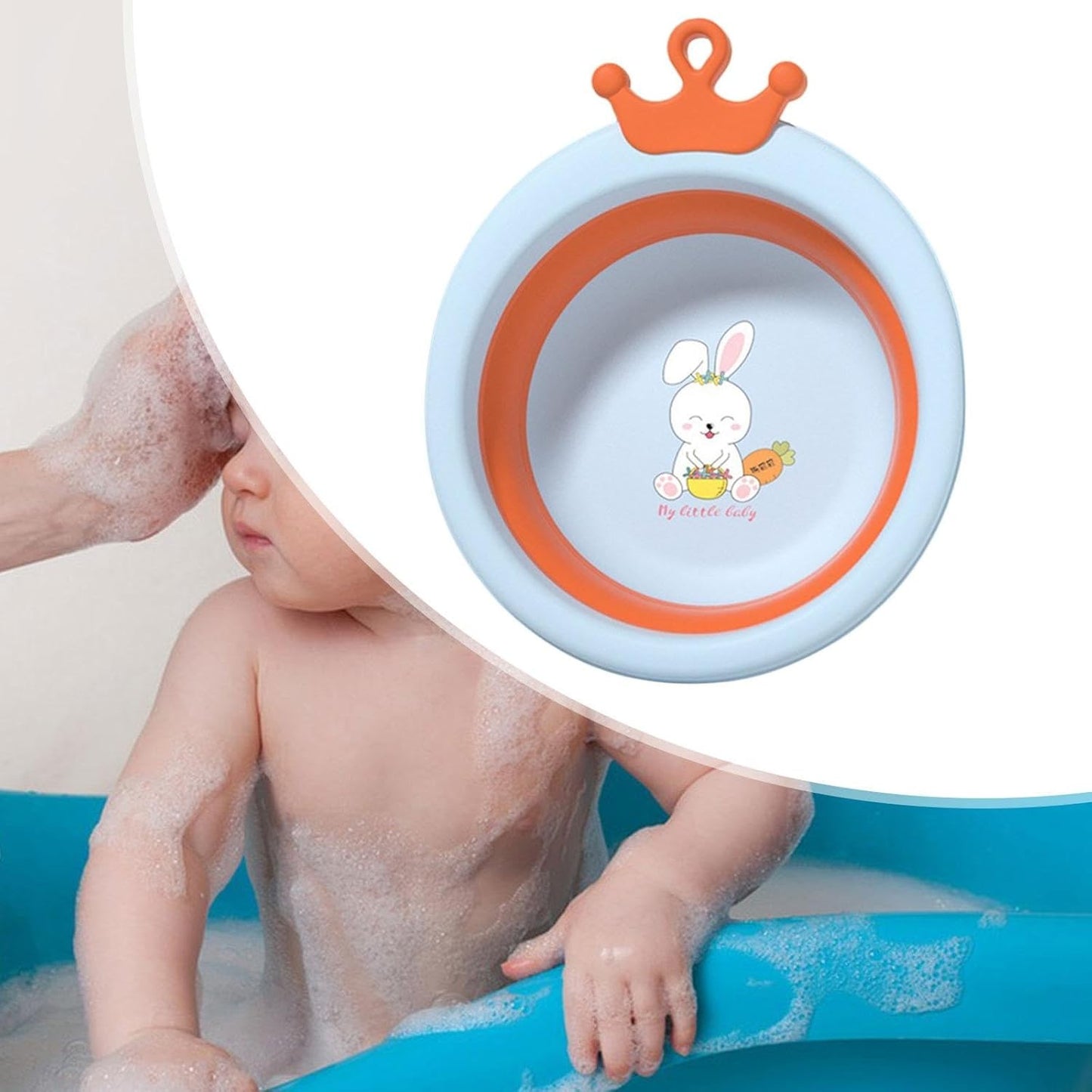 Cadita Pliabila pentru Bebelusi si Copii, Model Rotund cu Iepuras, Portabila, Material Plastic si Silicon, 3.3 L, Albastru, 30x31x3.5 cm