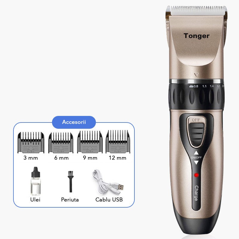 Masina de Tuns Bebelusi si Copii, Lame Ceramice si Inox, Ultra-Silentioasa, Fara Fir, Functie Anti-Taiere, 50W, 4 Accesorii Includere, Incarcare USB, Negru/Auriu
