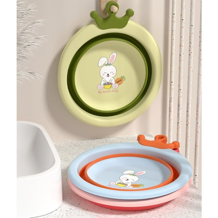 Cadita Pliabila pentru Bebelusi si Copii, Model Rotund cu Iepuras, Material Non-Toxic, Portabila, Verde, 3.3 L, 30x31x3.5 cm