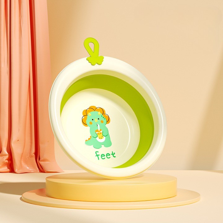 Cadita Pliabila pentru Bebelusi si Copii, Cada Portabila Rotunda cu Model Dinozaur, Material PP, Verde, 4L, 30x30x3.7 cm