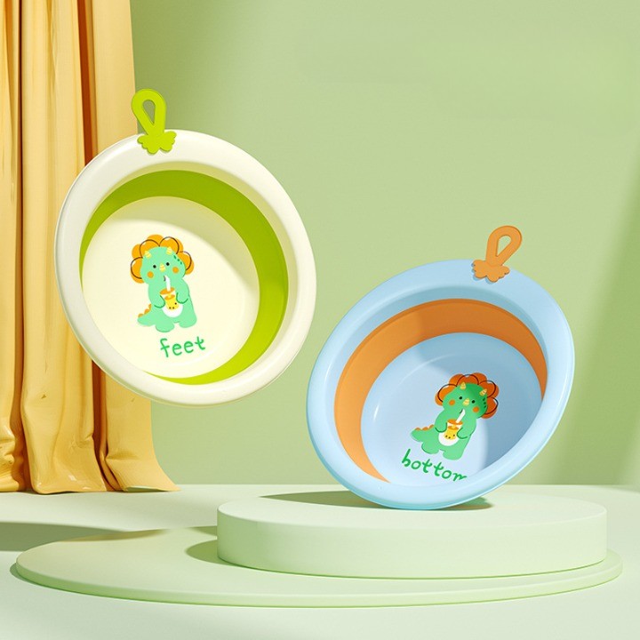 Cadita Pliabila pentru Bebelusi si Copii, Cada Portabila Rotunda cu Model Dinozaur, Material PP, Verde, 4L, 30x30x3.7 cm