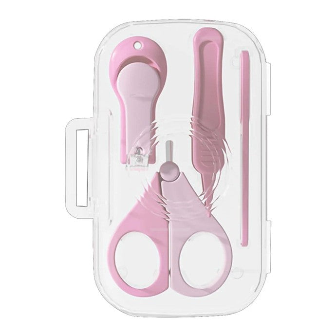 Set de Ingrijire Unghii pentru Bebeluși și Copii, 4 Piese cu Unghieră, Foarfecă, Pilă și Pensetă, Oțel Inoxidabil și ABS, Cutie Depozitare Texturată, 0-6 Ani, Roz