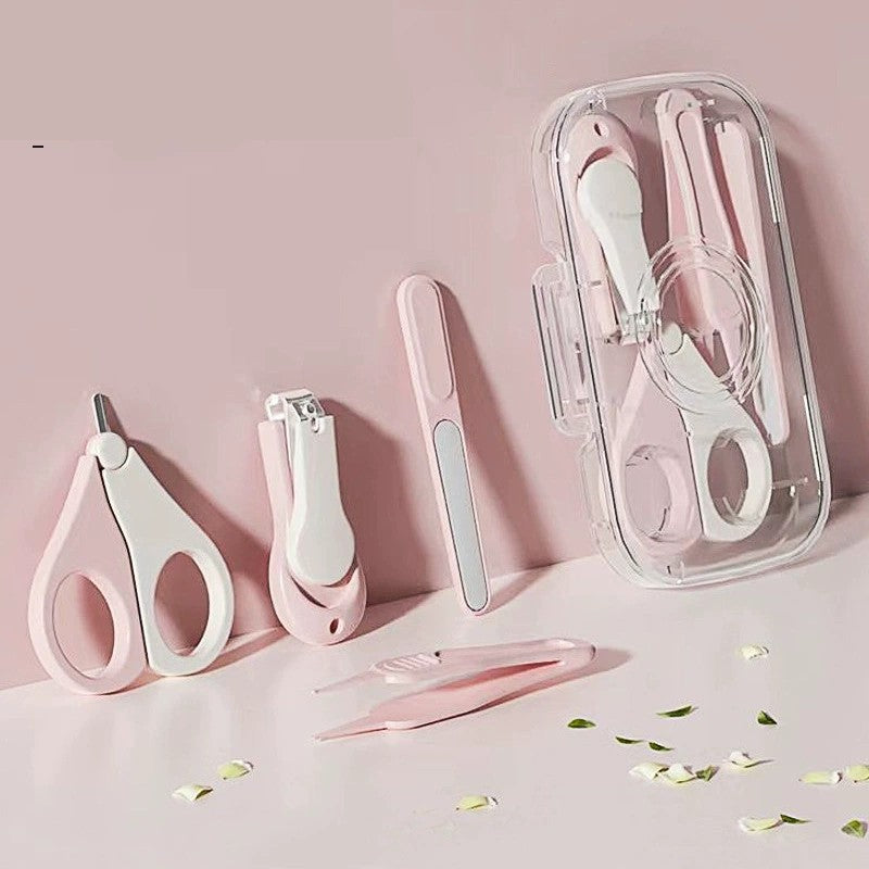 Set de Ingrijire Unghii pentru Bebeluși și Copii, 4 Piese cu Unghieră, Foarfecă, Pilă și Pensetă, Oțel Inoxidabil și ABS, Cutie Depozitare Texturată, 0-6 Ani, Roz