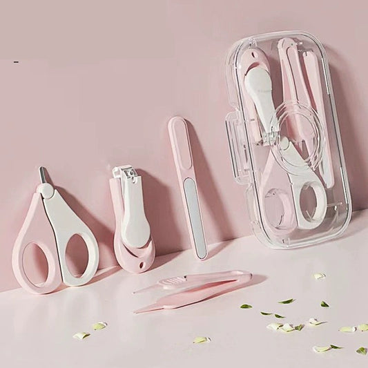 Set de Ingrijire Unghii pentru Bebeluși și Copii, 4 Piese cu Unghieră, Foarfecă, Pilă și Pensetă, Oțel Inoxidabil și ABS, Cutie Depozitare Texturată, 0-6 Ani, Roz