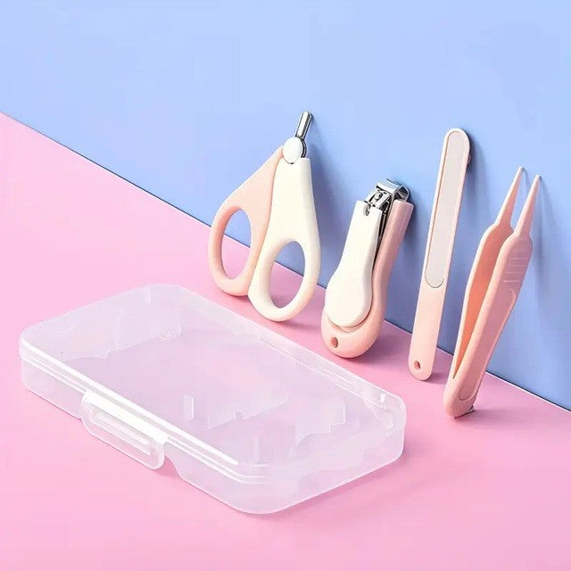 Set de Ingrijire Unghii pentru Bebeluși și Copii, 4 Piese cu Unghieră, Foarfecă, Pilă și Pensetă, Oțel Inoxidabil și ABS, Cutie Depozitare Texturată, 0-6 Ani, Roz