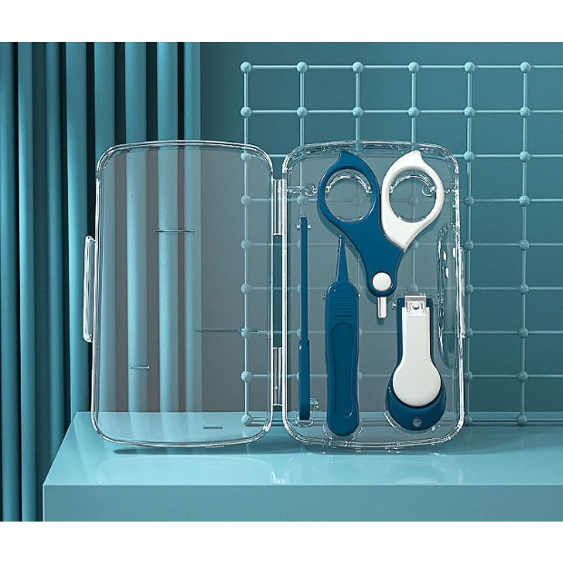 Set de Ingrijire Unghii pentru Bebeluși și Copii, Kit Complet 4 în 1 cu Unghieră, Foarfecă, Pilă și Pensetă, Oțel Inoxidabil și ABS fără BPA, 0-6 Ani, Albastru Marin