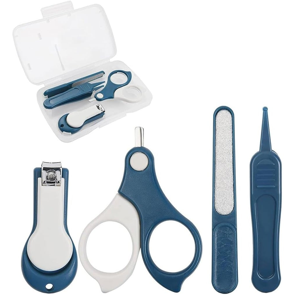 Set de Ingrijire Unghii pentru Bebeluși și Copii, Kit Complet 4 în 1 cu Unghieră, Foarfecă, Pilă și Pensetă, Oțel Inoxidabil și ABS fără BPA, 0-6 Ani, Albastru Marin