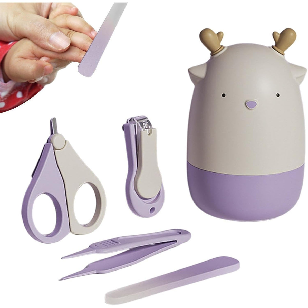 Set Ingrijire Unghii Bebelusi 4 in 1, Unghiera, Foarfeca, Pila si Penseta, Otel Inoxidabil si ABS fara BPA, Design Cerb, 0-6 Ani, Mov