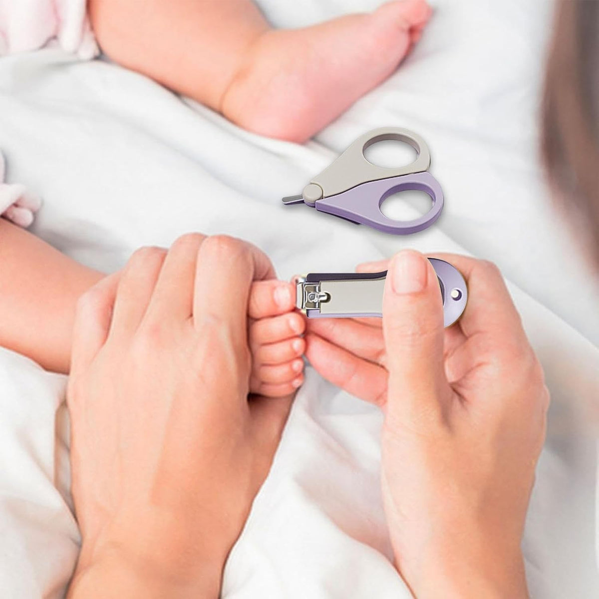 Set Ingrijire Unghii Bebelusi 4 in 1, Unghiera, Foarfeca, Pila si Penseta, Otel Inoxidabil si ABS fara BPA, Design Cerb, 0-6 Ani, Mov