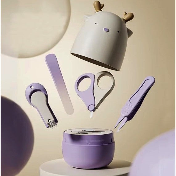 Set Ingrijire Unghii Bebelusi 4 in 1, Unghiera, Foarfeca, Pila si Penseta, Otel Inoxidabil si ABS fara BPA, Design Cerb, 0-6 Ani, Mov