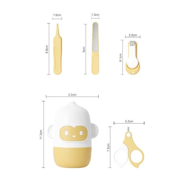 Set Îngrijire Unghii Bebeluși, Trusă Manichiură 4 Piese, Design Maimuță, ABS și Oțel Inoxidabil, 0 Luni+, Galben