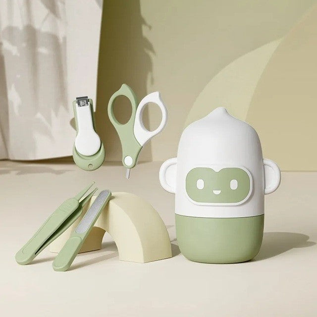 Set Îngrijire Unghii Bebeluși, Trusă Manichiură și Pedichiură 4 Piese cu Cutie Maimuță, Oțel Inoxidabil și ABS, 0 Luni+, Verde