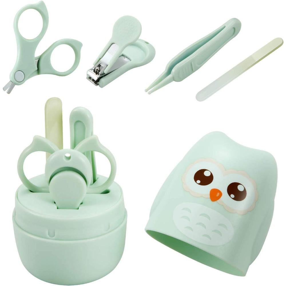 Set Ingrijire Unghii Bebelusi si Nou-Nascuti, Kit Igiena cu Foarfece, Unghiera, Pila si Penseta, ABS si Otel Inoxidabil, Cutie Depozitare Model Maimuta, 0 Luni+, Verde