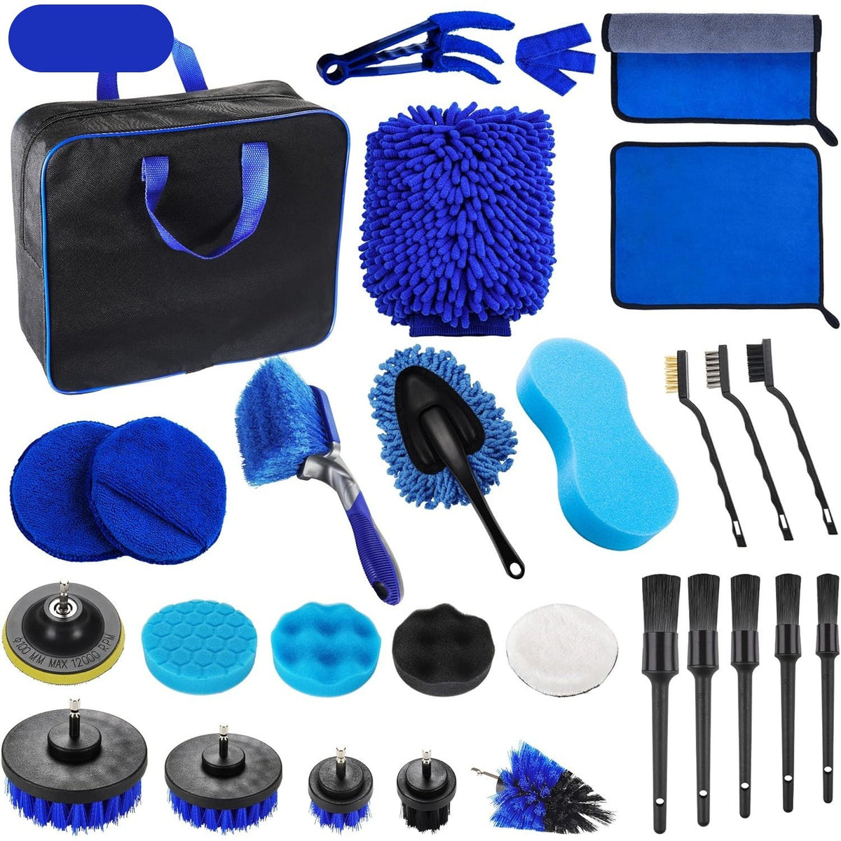 Set 29 Accesorii pentru Curatare Auto, Kit Detailing Interior si Exterior, Perii Bormasina, Lavete Microfibra si Bureti, cu Geanta Depozitare, PP, Albastru/Negru