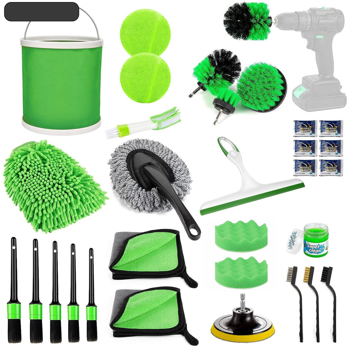 Set 30 Accesorii Curatare Auto, Kit Detailing Interior si Exterior cu Perii Bormasina si Galeata Pliabila, Microfibra si PP, 30 x 24 x 12 cm, Verde