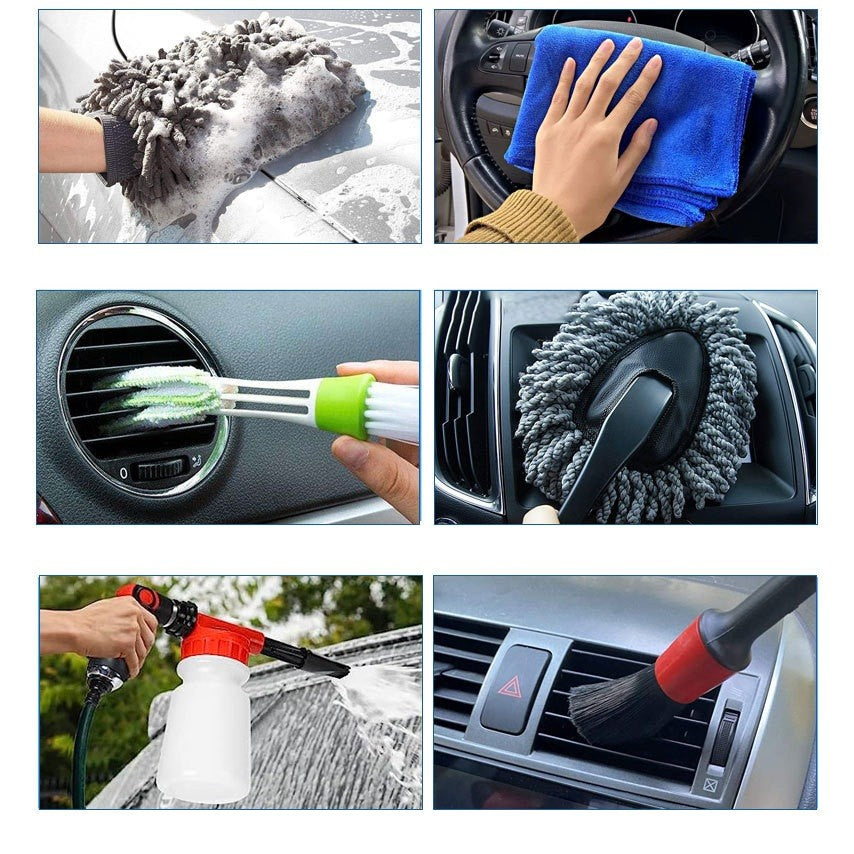 Set 23 Accesorii Curatare Auto Profesionale, Perii Detailing Interior si Exterior cu Adaptor Bormasina, Microfibra si PP, Geanta Depozitare Inclusa, Galben/Negru