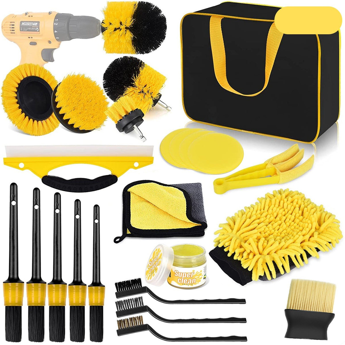 Set 23 Accesorii Curatare Auto Profesionale, Perii Detailing Interior si Exterior cu Adaptor Bormasina, Microfibra si PP, Geanta Depozitare Inclusa, Galben/Negru