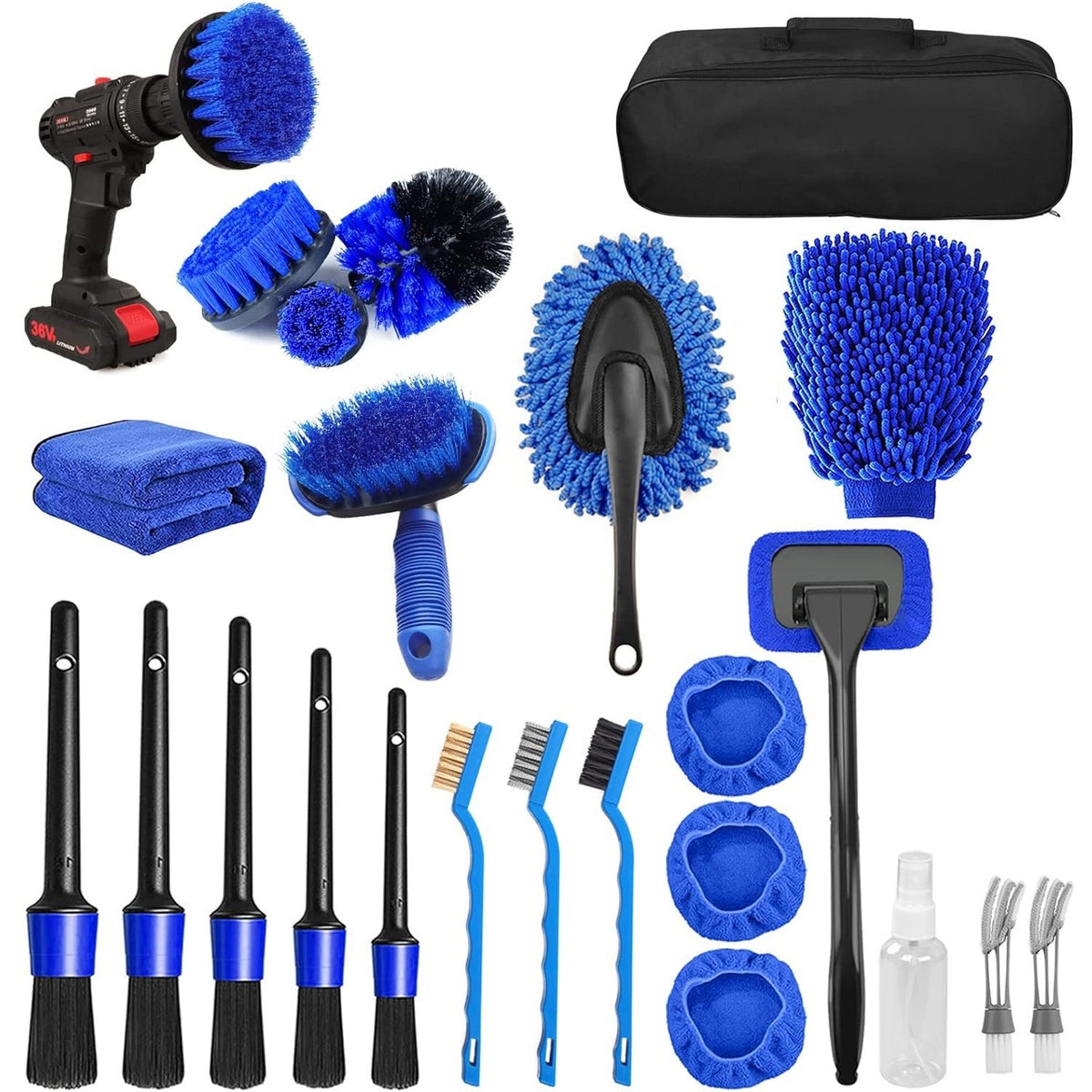 Set 25 Accesorii pentru Curatare Auto si Detailing, Perii pentru Bormasina si Interior, Microfibra si PP, 30 x 24 x 12 cm, Albastru/Negru