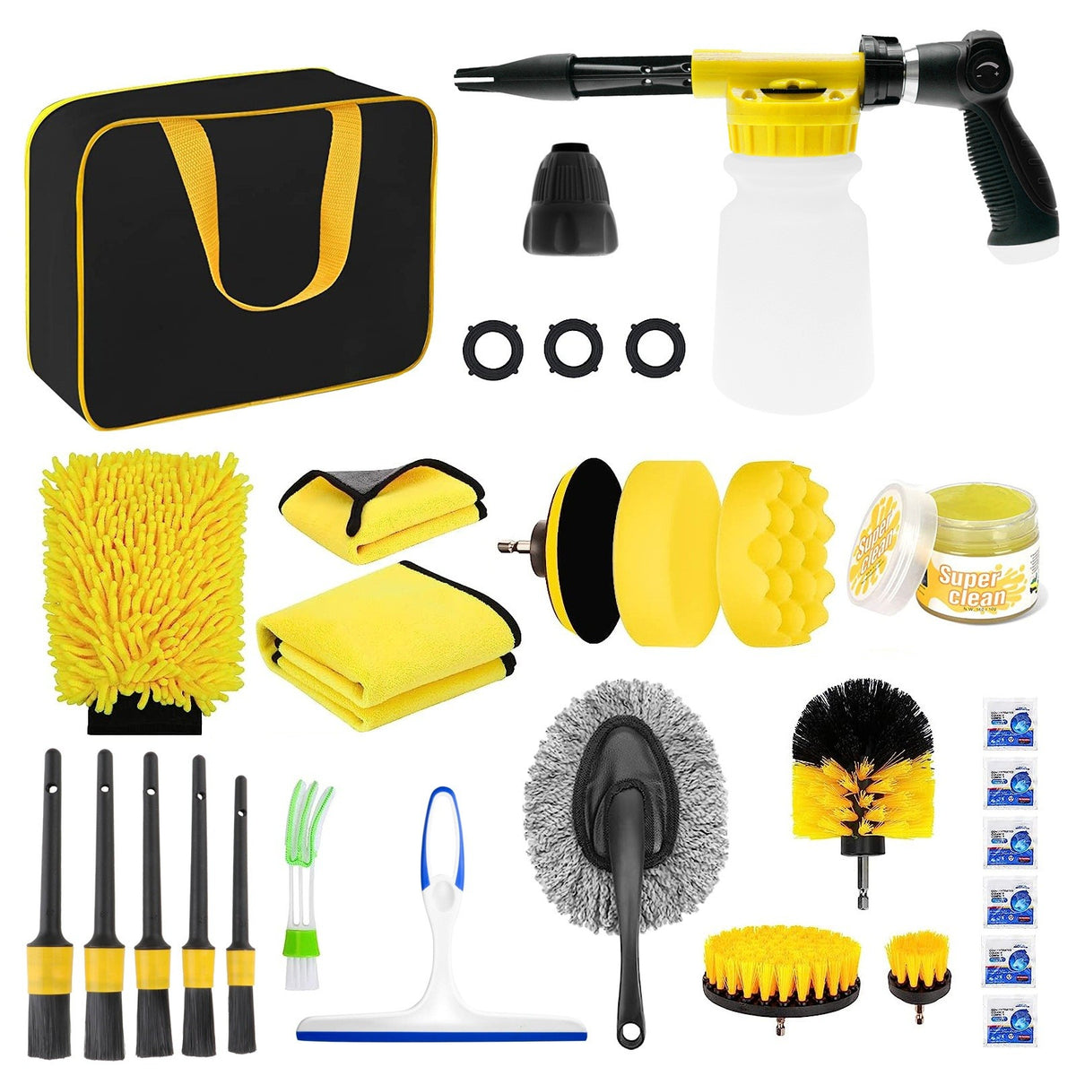 Set Accesorii Curatare Auto Detailing, Kit Complet 26 Piese cu Pistol Spumare si Perii Bormasina, Interior si Exterior, PP si Microfibra, Galben/Negru