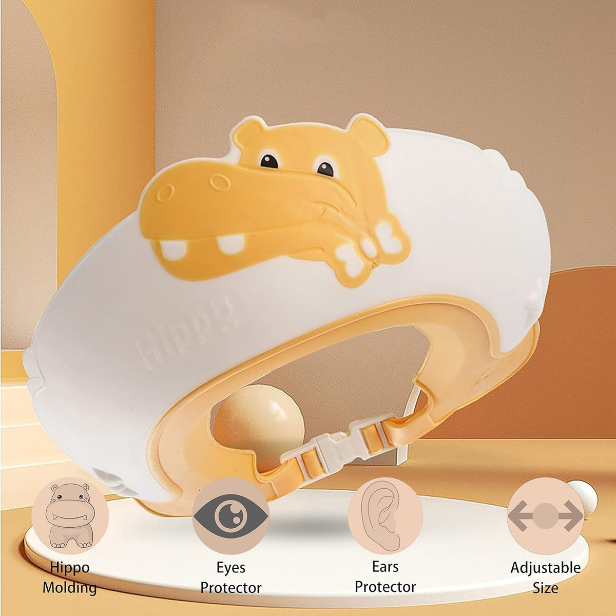 Viziera de Protectie Baie pentru Copii si Bebelusi, Protectie Ochi si Urechi Impotriva Samponului, Model Hipopotam, Silicon TPE si PP, Marime Ajustabila, 22x21 cm, Galben