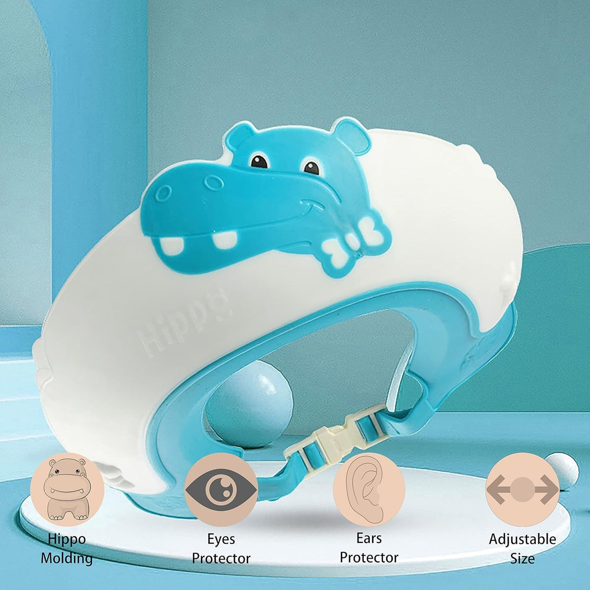 Viziera Protectie Baie Pentru Copii si Bebelusi Fippy, Protectie Ochi si Urechi Impotriva Samponului, Model Coroana, Banda Ajustabila, TPE si Silicon, 22x21 cm, Albastru