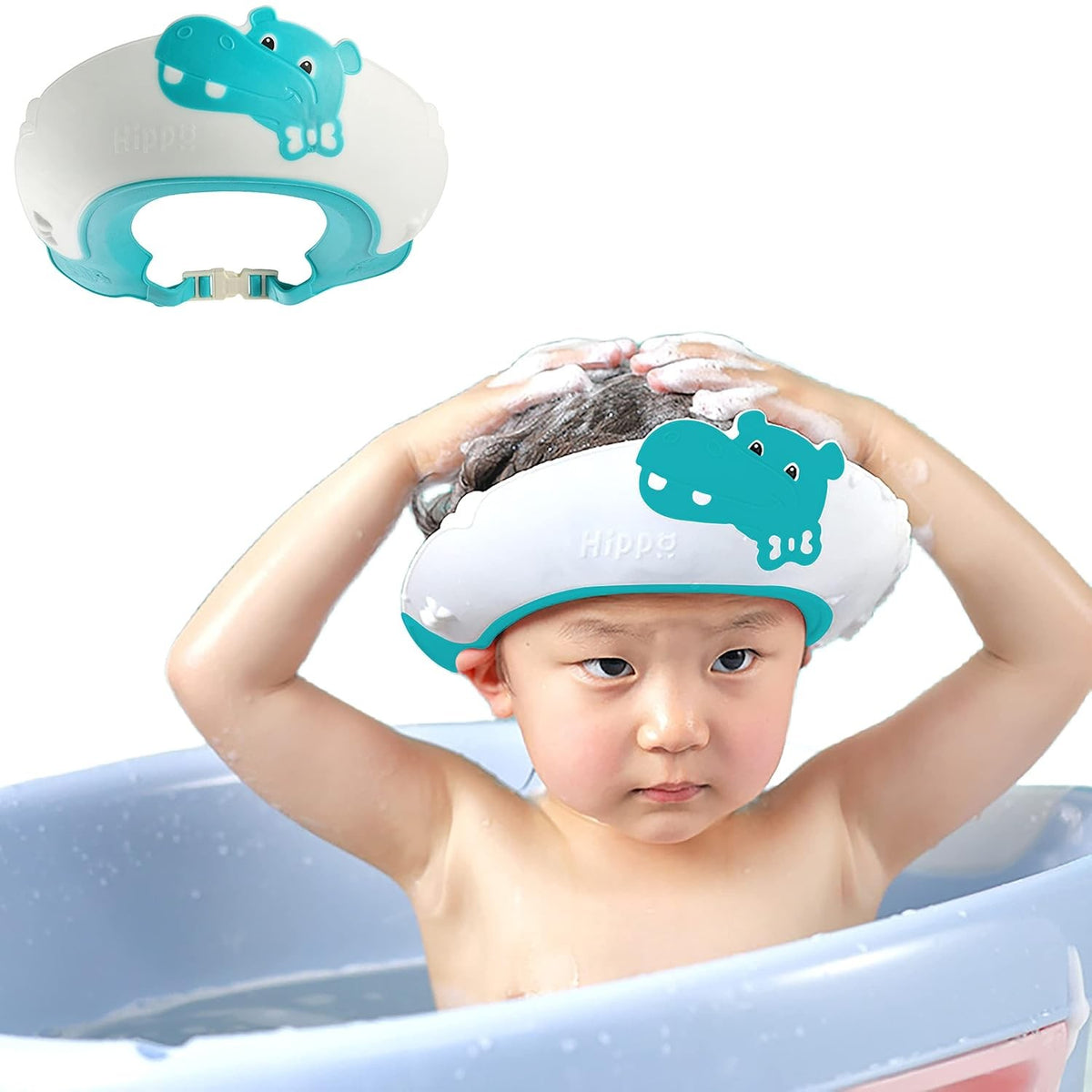 Viziera Protectie Baie Pentru Copii si Bebelusi Fippy, Protectie Ochi si Urechi Impotriva Samponului, Model Coroana, Banda Ajustabila, TPE si Silicon, 22x21 cm, Albastru