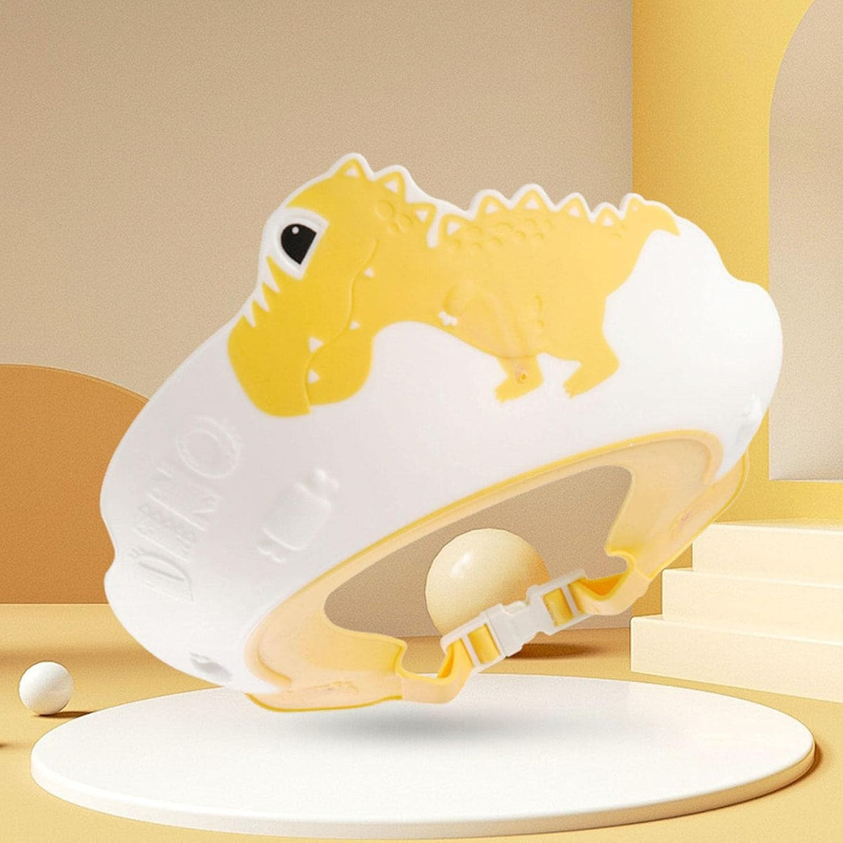 Fippy Viziera de Protectie Baie pentru Copii si Bebelusi, Cozoroc Ajustabil pentru Sampon, Protectie Ochi si Urechi, Material TPE si Silicon, Model Dinozaur, 22x21 cm, Galben
