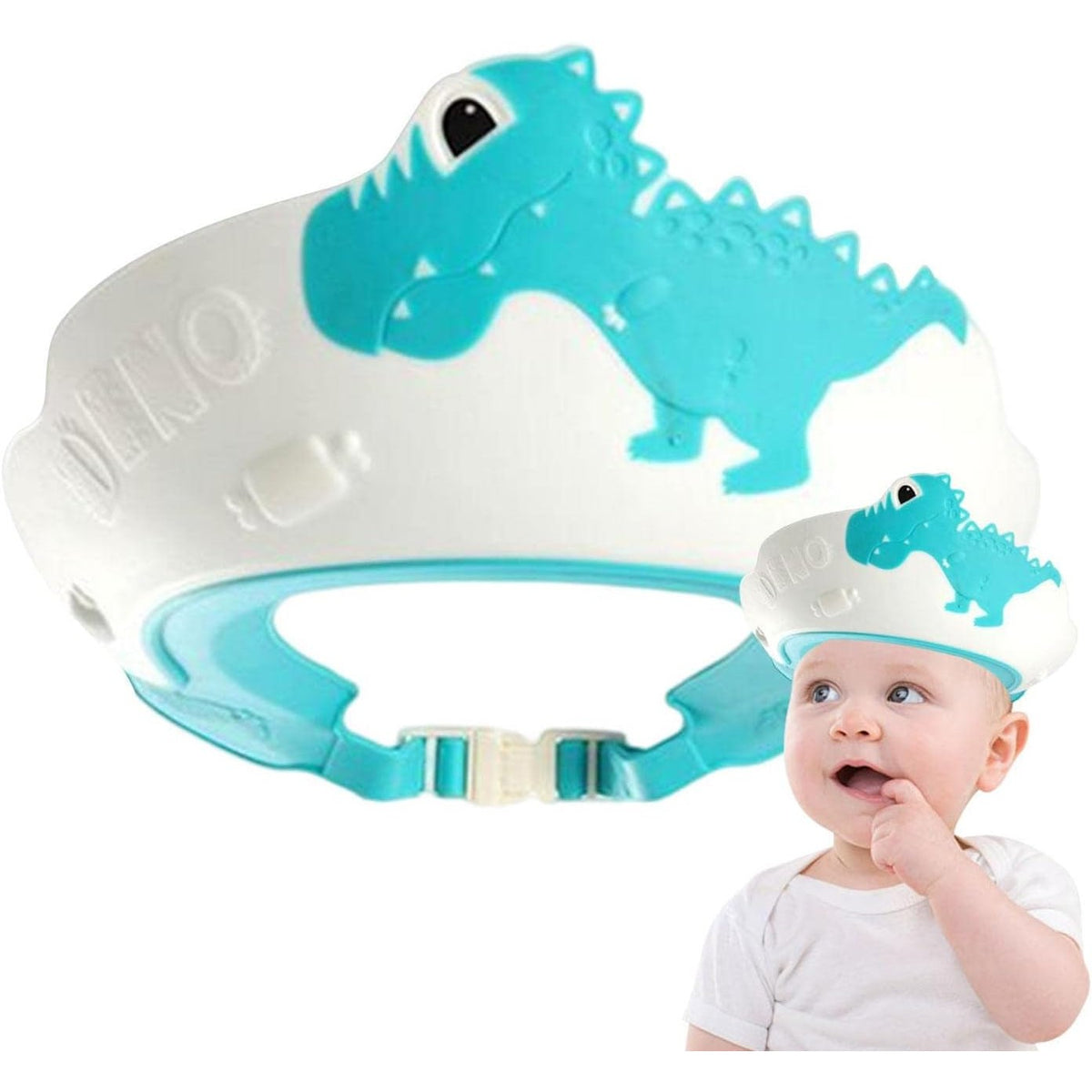 Viziera Protectie Baie Pentru Copii si Bebelusi, Protectie Ochi si Urechi Impotriva Samponului, Banda Ajustabila, Model Dinozaur, Material TPE si PP, 22x21 cm, Albastru