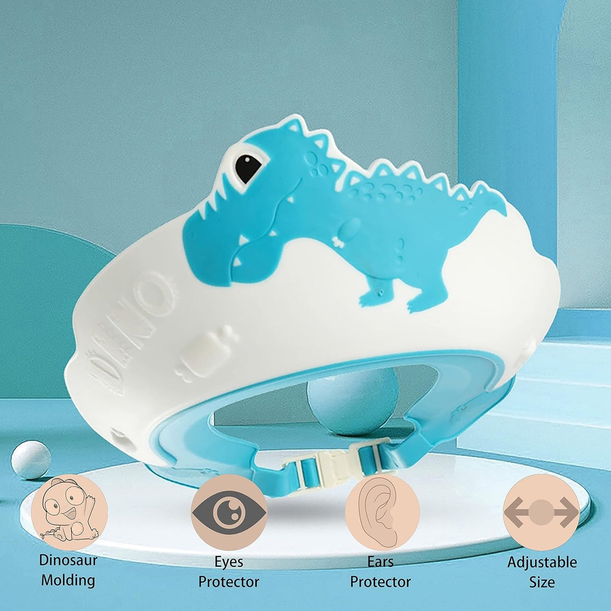 Viziera Protectie Baie Pentru Copii si Bebelusi, Protectie Ochi si Urechi Impotriva Samponului, Banda Ajustabila, Model Dinozaur, Material TPE si PP, 22x21 cm, Albastru