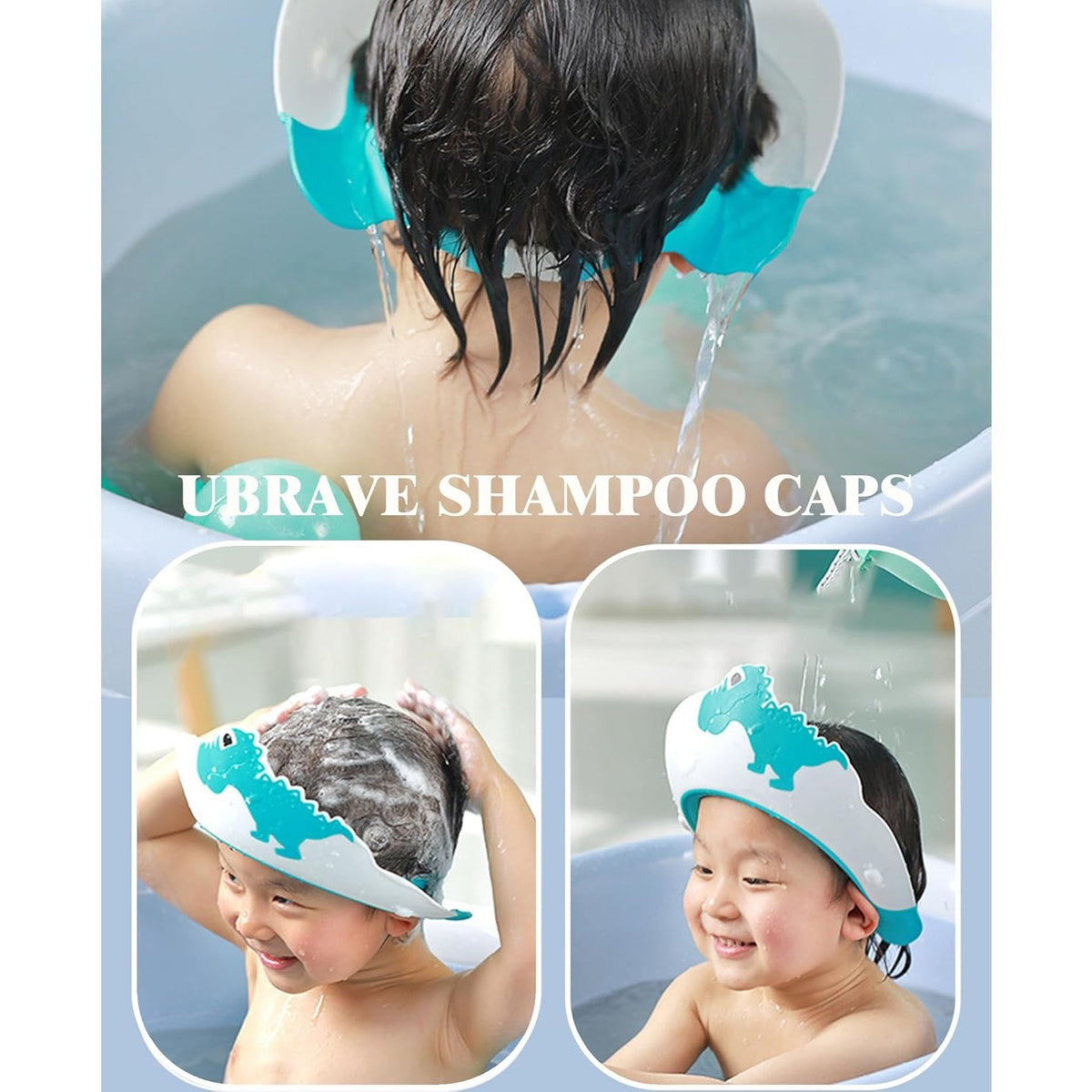 Viziera Protectie Baie Pentru Copii si Bebelusi, Protectie Ochi si Urechi Impotriva Samponului, Banda Ajustabila, Model Dinozaur, Material TPE si PP, 22x21 cm, Albastru