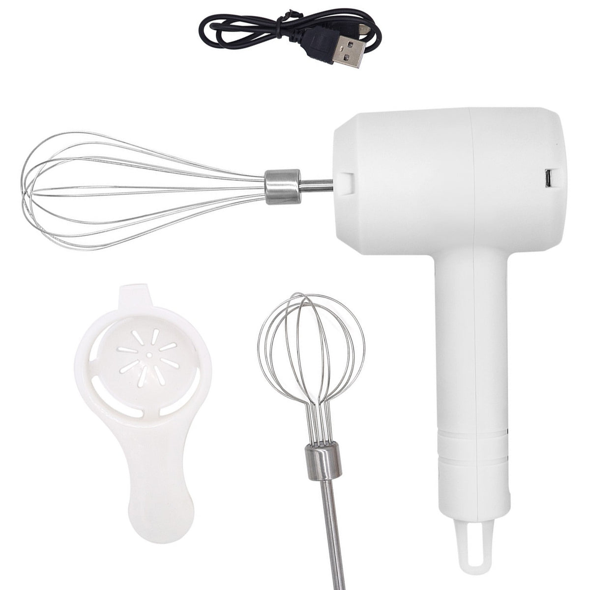 Mixer Electric Fara Fir Pentru Oua si Frisca, Batator de Bucatarie Portabil, Reincarcabil USB, 3 Accesorii Incluse, Carcasa ABS, Alb