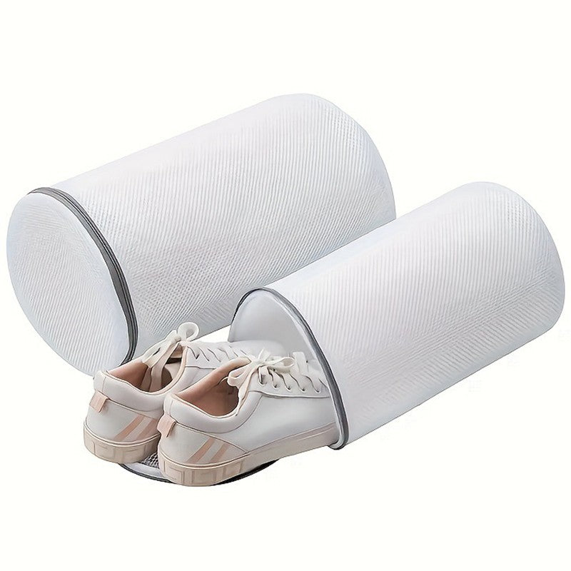 Sac Cilindric pentru Spalarea Incaltamintei in Masina de Spalat, Plasa Protectoare cu Fermoar, Material Textil Rezistent, 35x21x5 cm, Alb