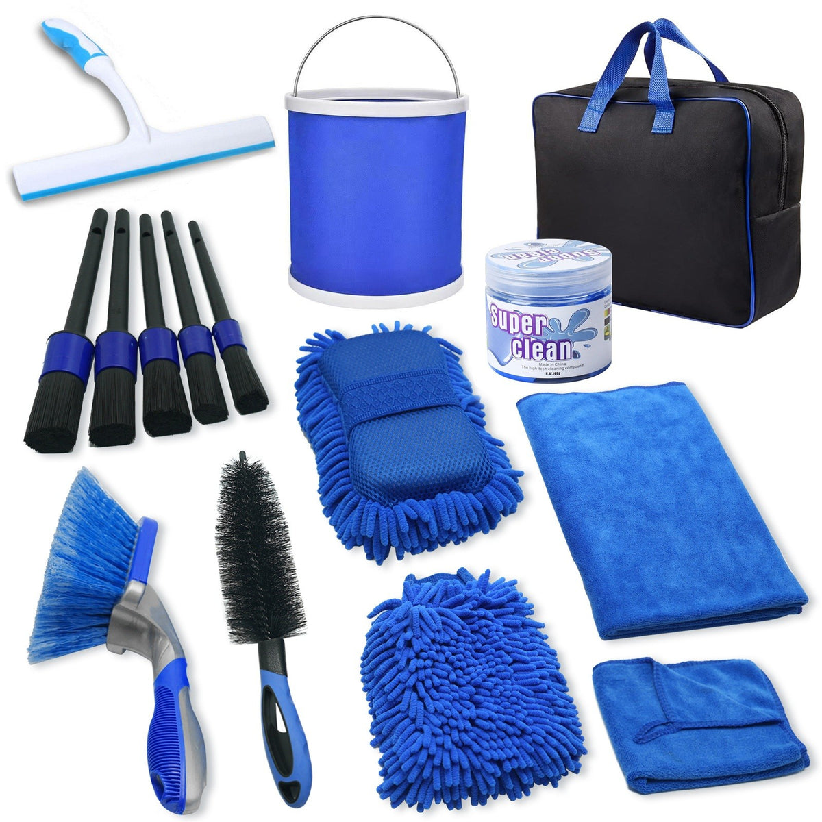Set 15 Accesorii Curatare Auto pentru Interior si Exterior, Kit Detailing cu Galeata Pliabila si Perii, PP si Microfibra, 30 x 24 x 12 cm, Albastru/Negru