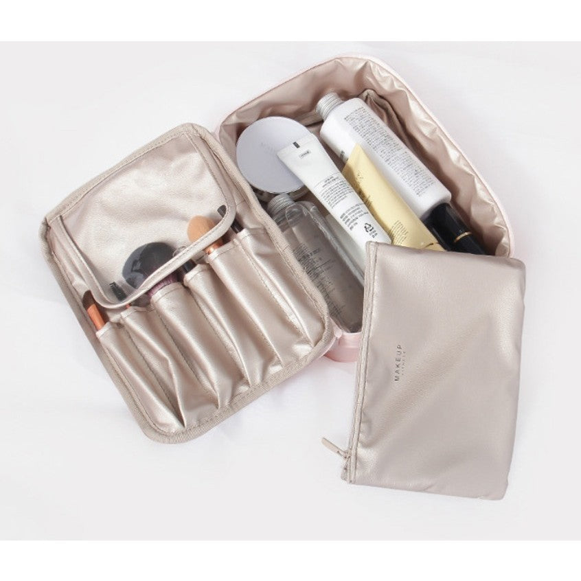 Geanta de Calatorie pentru Cosmetice si Articole de Toaleta, Organizator 2 in 1 cu Portfard Detasabil si Suport Pensule, Material Impermeabil PU, Roz, 23 x 16 x 8 cm