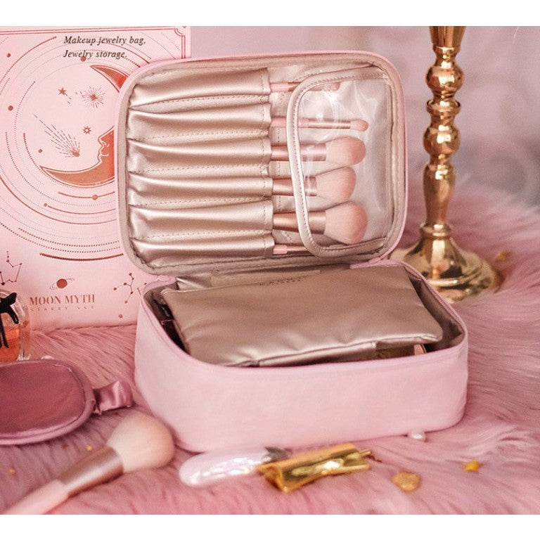 Geanta de Calatorie pentru Cosmetice si Articole de Toaleta, Organizator 2 in 1 cu Portfard Detasabil si Suport Pensule, Material Impermeabil PU, Roz, 23 x 16 x 8 cm