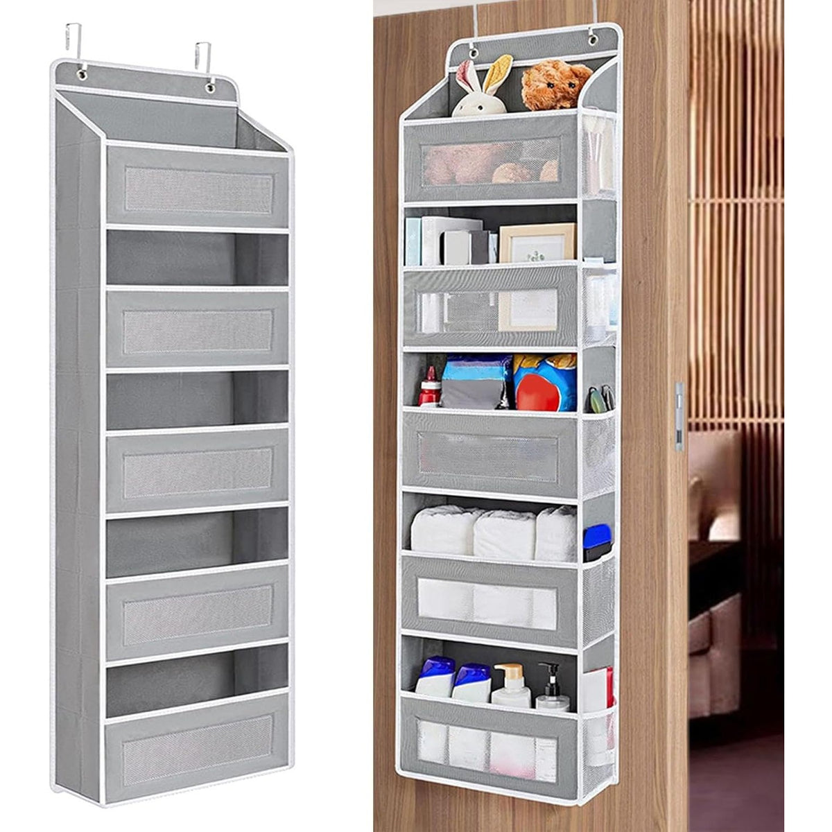 Organizator Suspendat Pentru Usa Cu 5 Compartimente Mari Si 5 Buzunare Laterale, Depozitare Verticala Din Nailon Si Plasa Respirabila, Baza Intarita, Include 2 Carlige Metalice, 146 x 40 x 17 cm, Gri